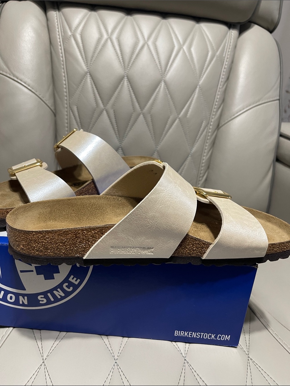 Birkenstock Graceful Pearl White Sydney Cushion Buckle Sandal with Gold Buckles - Picture 14 of 14